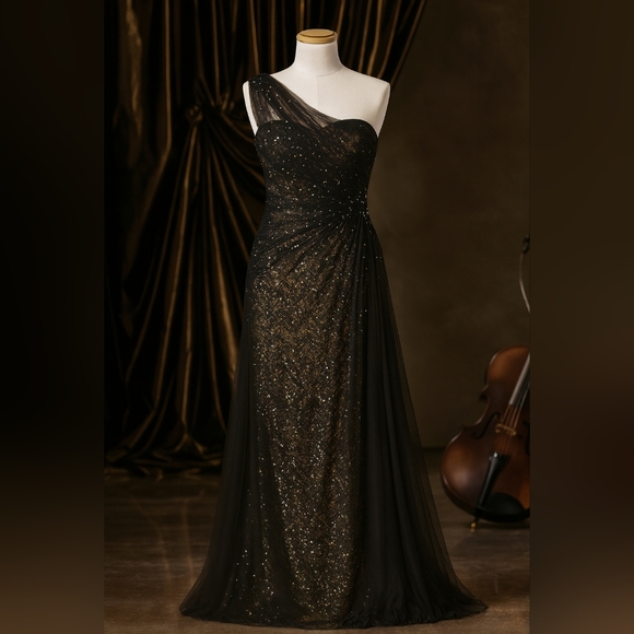 NWT Ivonne D by Mon Cheri One Shoulder Black & Champagne Vintage Gown - Picture 6 of 10